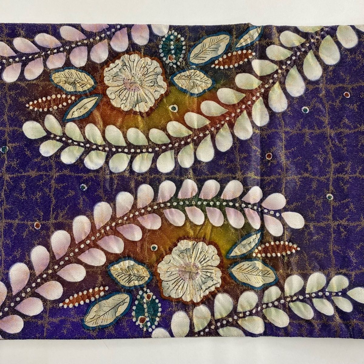 袋帯 美品 名品 落款 辻が花 箔 青紫 お太鼓柄 正絹 【中古