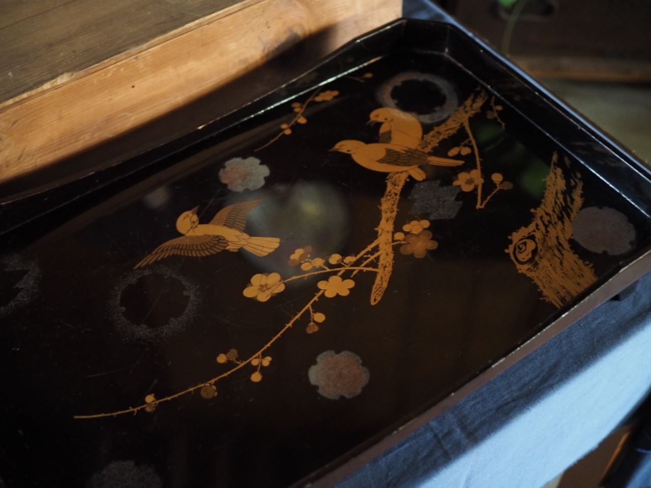 143年前の共箱黒漆広盆蒔絵入り 明治15年 古録展 品番H1715