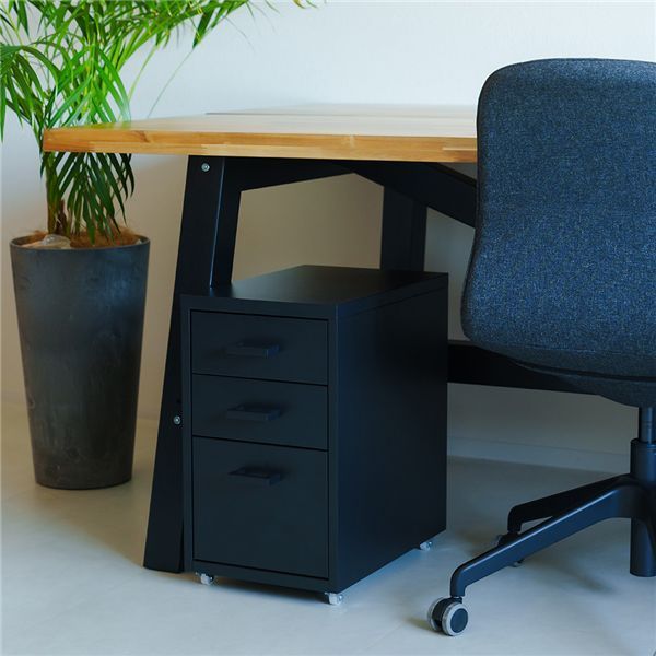 くらしのストレージワゴン3段 ブラック 黒 オフィス デスクワゴン スチール キャビネット デスクサイド 引出し モダン 事務所 書類収納 サイドワゴン 収納 韓国インテリア 組立品 NK-480