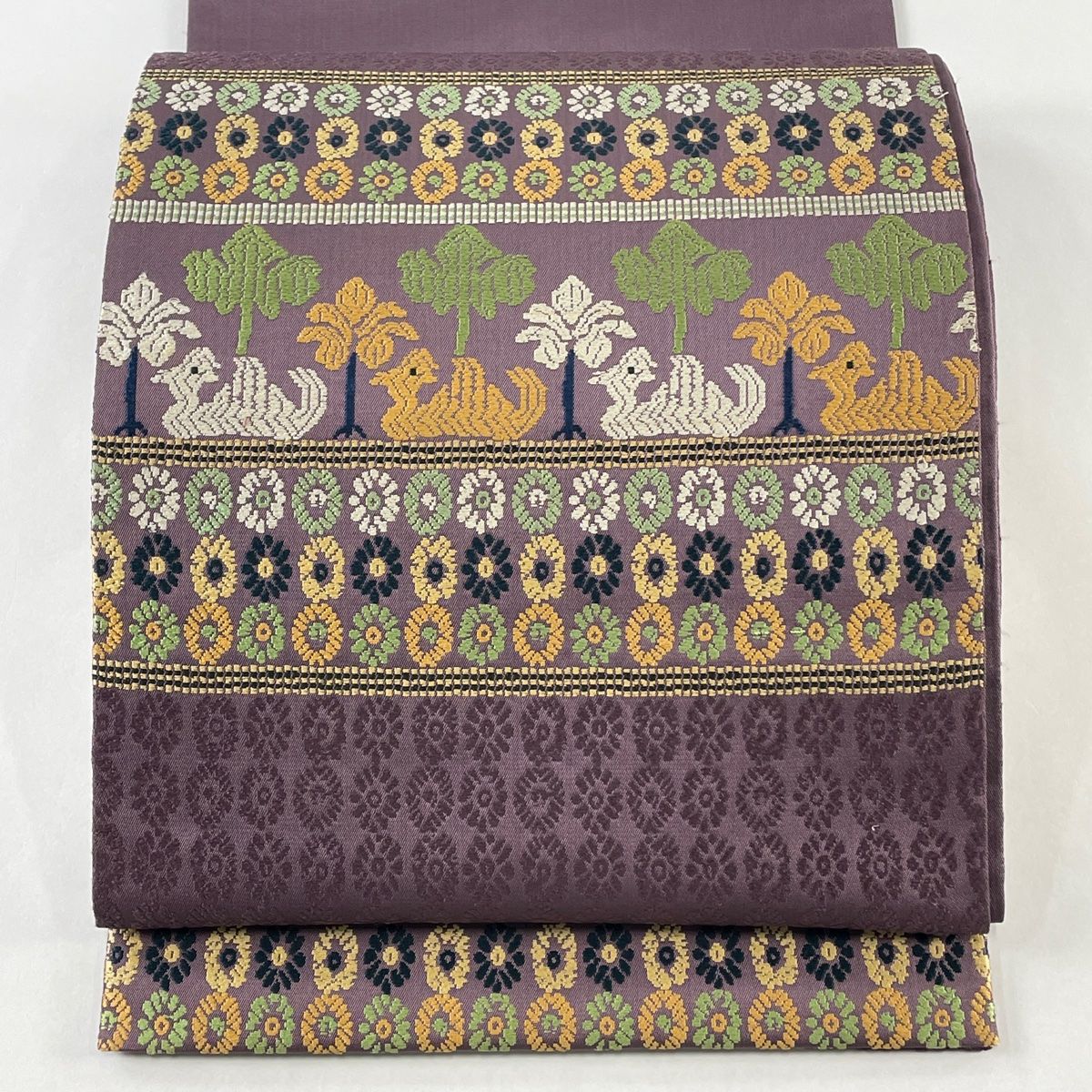 袋帯 逸品 龍村平蔵 落款 鳥いちご 草花 唐織 灰紫 六通 正絹 【中古