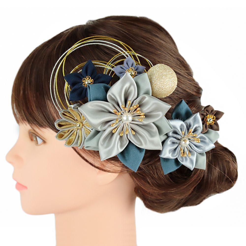 6点セット】髪飾りセットブルー七五三成人式つまみ細工ぼかし染め