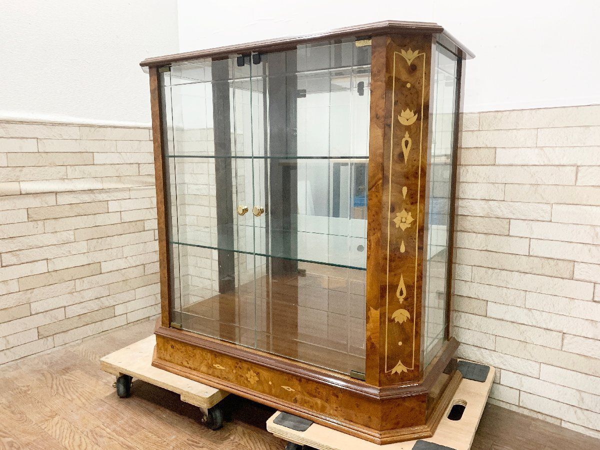 ◆イタリア 象嵌細工 キュリオケース ガラスキャビネット 飾り棚 収納 ケース アンティーク 棚 畑1116