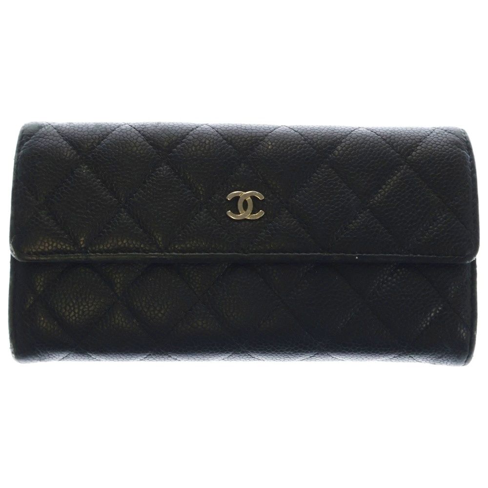 美品 シャネル レザー 折り財布 キャビアスキン ココマーク マトラッセ 黒 CHANEL (シャネル) ココマーク キャビアスキン マトラッセ