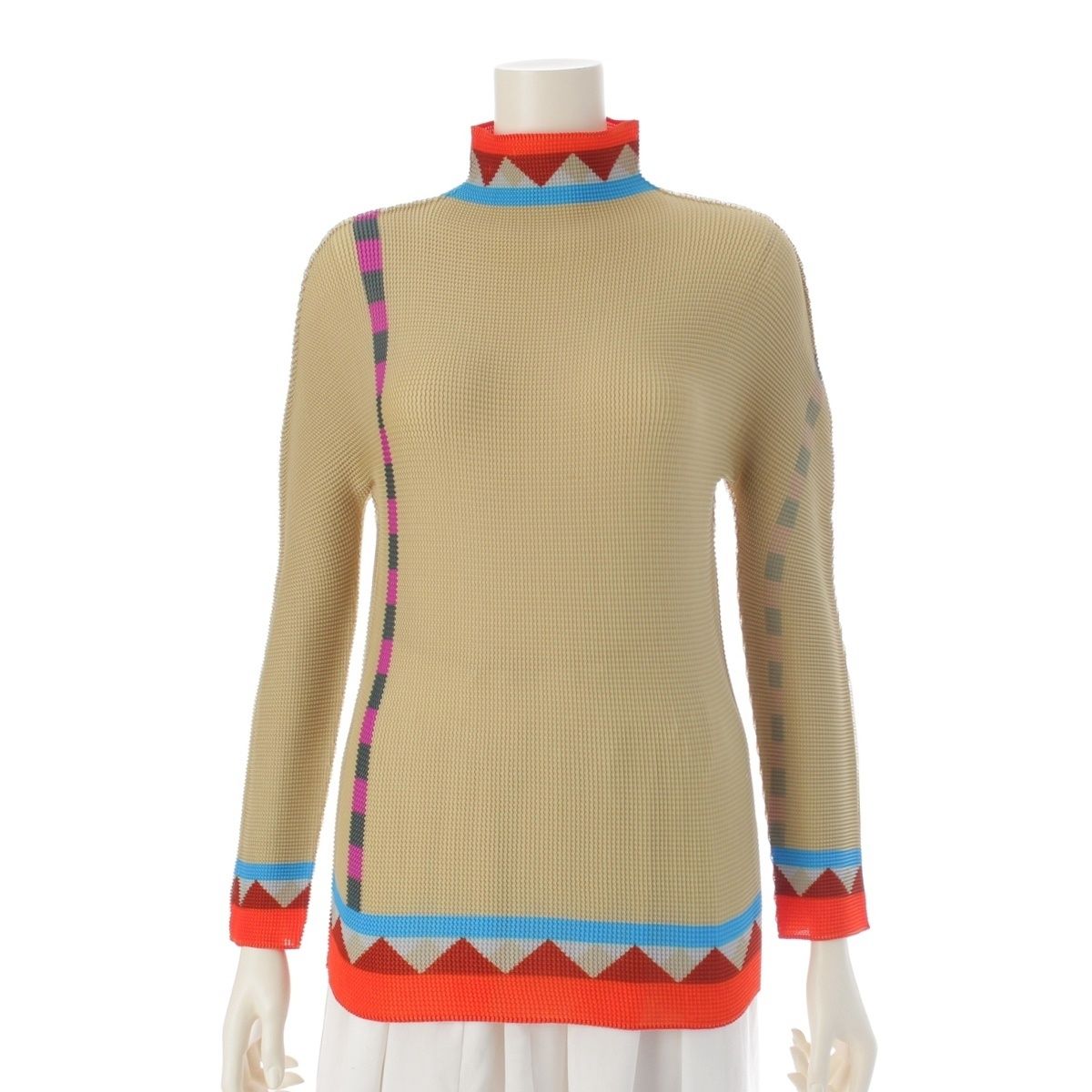 ミー イッセイミヤケ 14SS 幾何学柄 長袖 ボトルネック プリーツ トップス MI41FJ281 ベージュ ホワイト マルチカラー 2