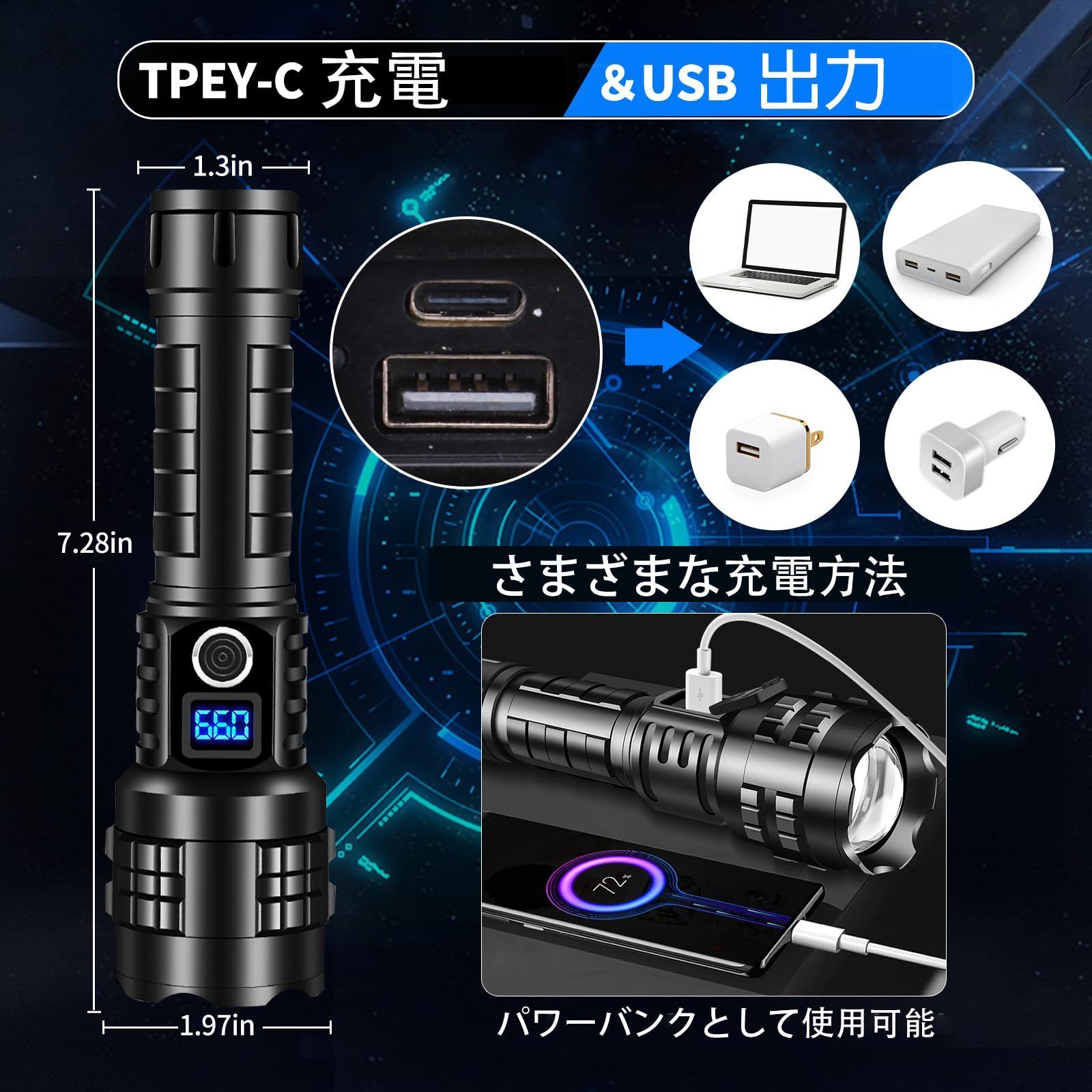 人気商品】5モード調光 ズーム調整可能（5000mAh IP67防水 明るい flashlight バッテリー ハンドライト 電池式 超強力ライト  XHP99 3 ハンディライト 最強 軍用 * 強力 強力 led AAA 懐中電灯 充電式 フラッシュライト - メルカリ