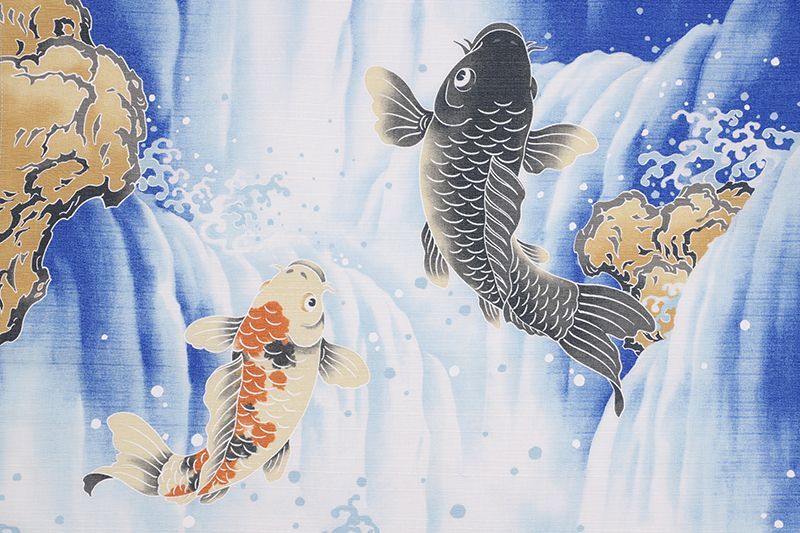 風呂敷 日本製 50cm幅 中巾 鯉の滝登り 魚 波 海 川 流水 水 青