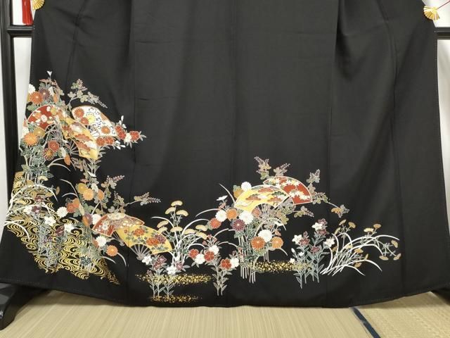 専用です　作家物☆落款入り☆美品☆正絹黒の着物単品 平和屋着物□豪華黒留袖 駒刺繍 扇面草花文 金彩 正絹 逸品