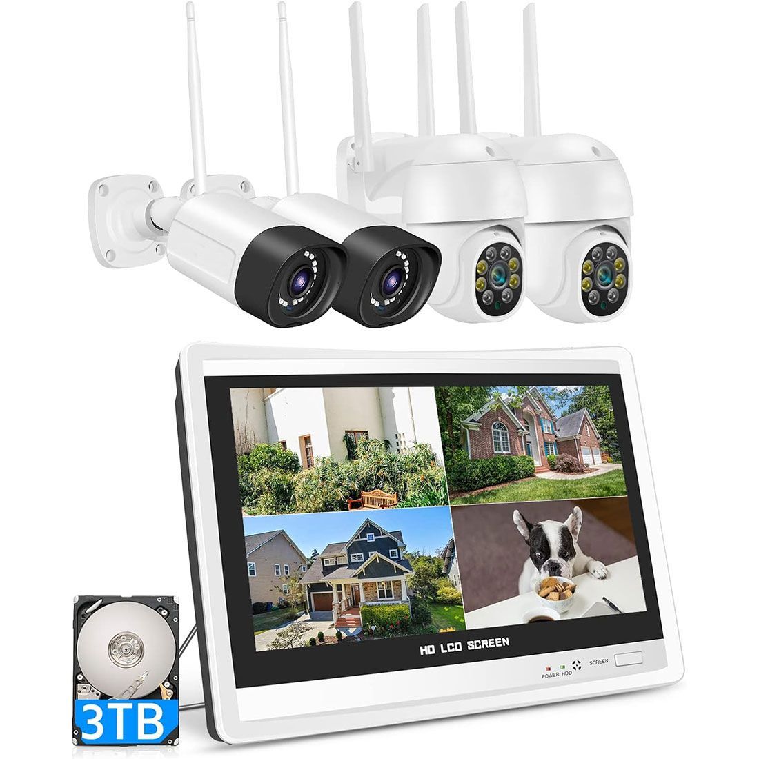 モニタ一体型防犯カメラ4台セット 3TBHDD内蔵 300万画素 遠隔