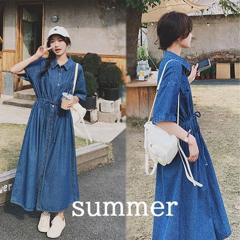 デニムワンピース 半袖 レディース 夏服 シャツワンピース ロングワンピース ボタン付き ポケット 春夏 ウエストリボン付き aラインワンピース 羽織るもの