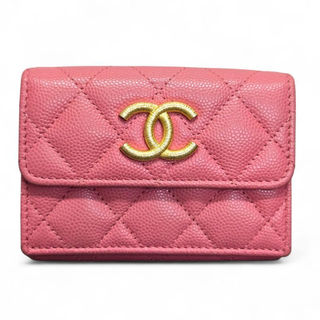 ♥ランク CHANEL シャネル マトラッセ キャビアスキンコンパクトウォレット ピンク 三つ折り財布 Wホック