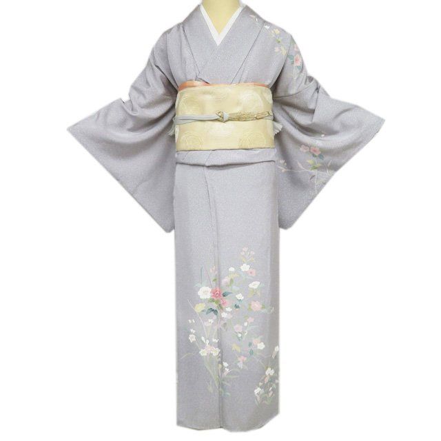 訪問着 着物 中古 正絹 袷 フォーマル 花の図 灰色 多色 身丈