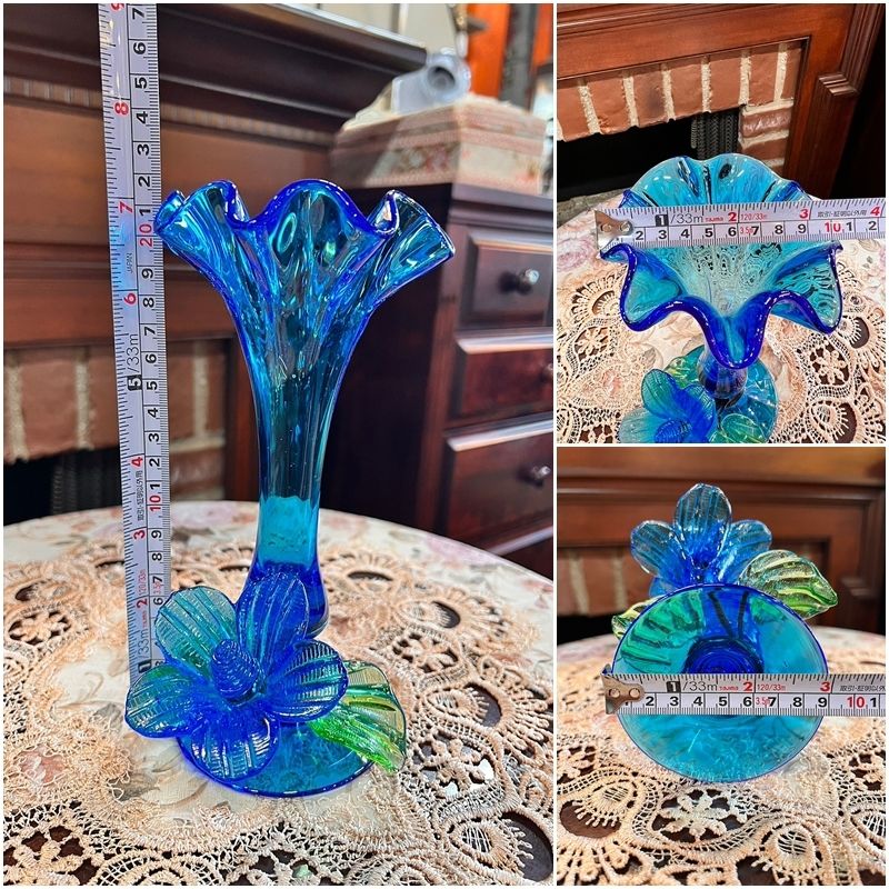 レトロ ブルー フリル 花瓶 青 花 フラワーベース 花器 綺麗 ガラス製