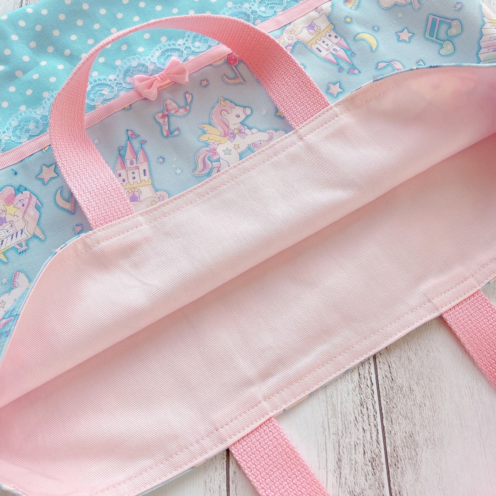 レッスンバッグ ハンドメイド 女の子 手提げ ユニコーン水色×水玉水色 