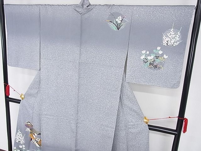 平和屋-こころ店■極上　人間国宝・羽田登喜男　付下げ　鴛鴦花文　金銀彩　藍鉄色地　正絹　逸品　KAAA1258kk4 平和屋-こころ店□極上 人間国宝・羽田登喜男 付下げ 鴛鴦花文 金銀