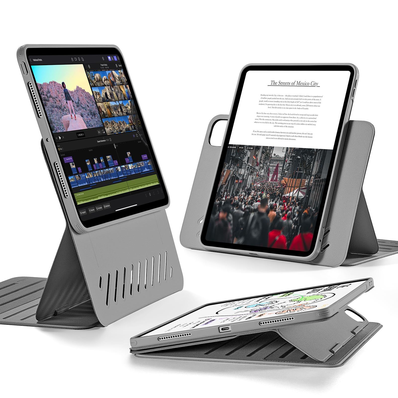 在庫処分 Shiftシリーズ Pro|USB-C完全対応 Pencil 9段階の角度調節 縦向き|横向きスタンド グレー 取外し なマグネットカバー付き回転式ケース 2025 第5世代 M4 ケース 11インチ Pro iPad ESR