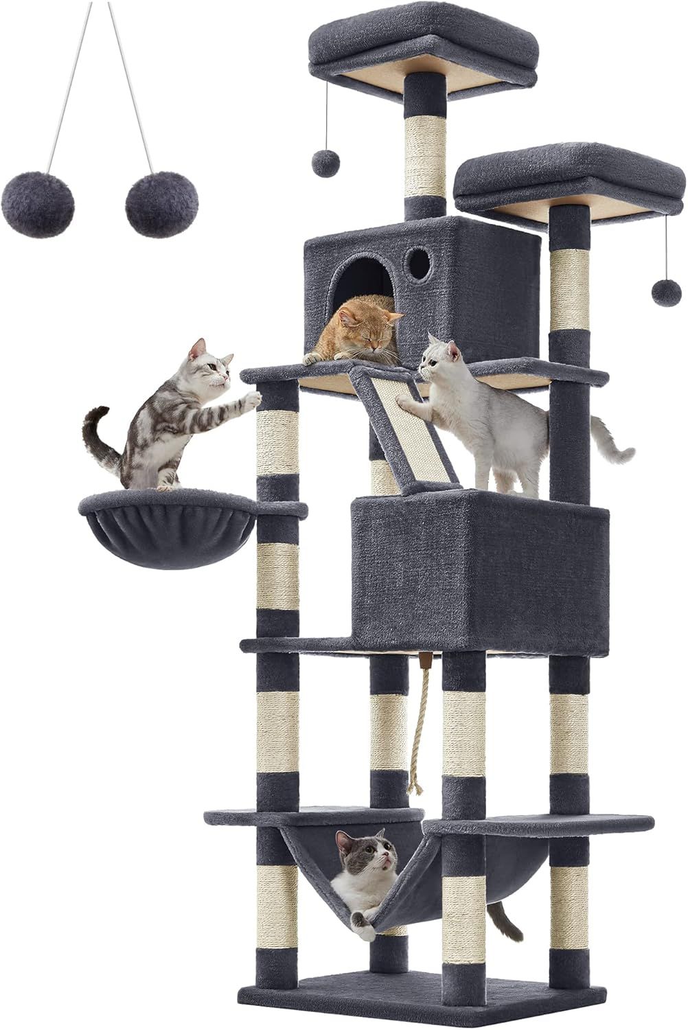 FEANDREA キャットタワー 多頭飼い 大型猫用 スリム 安定感 据え置き 人気 ハンモック 転倒防止 高さ206cm PCT190G01