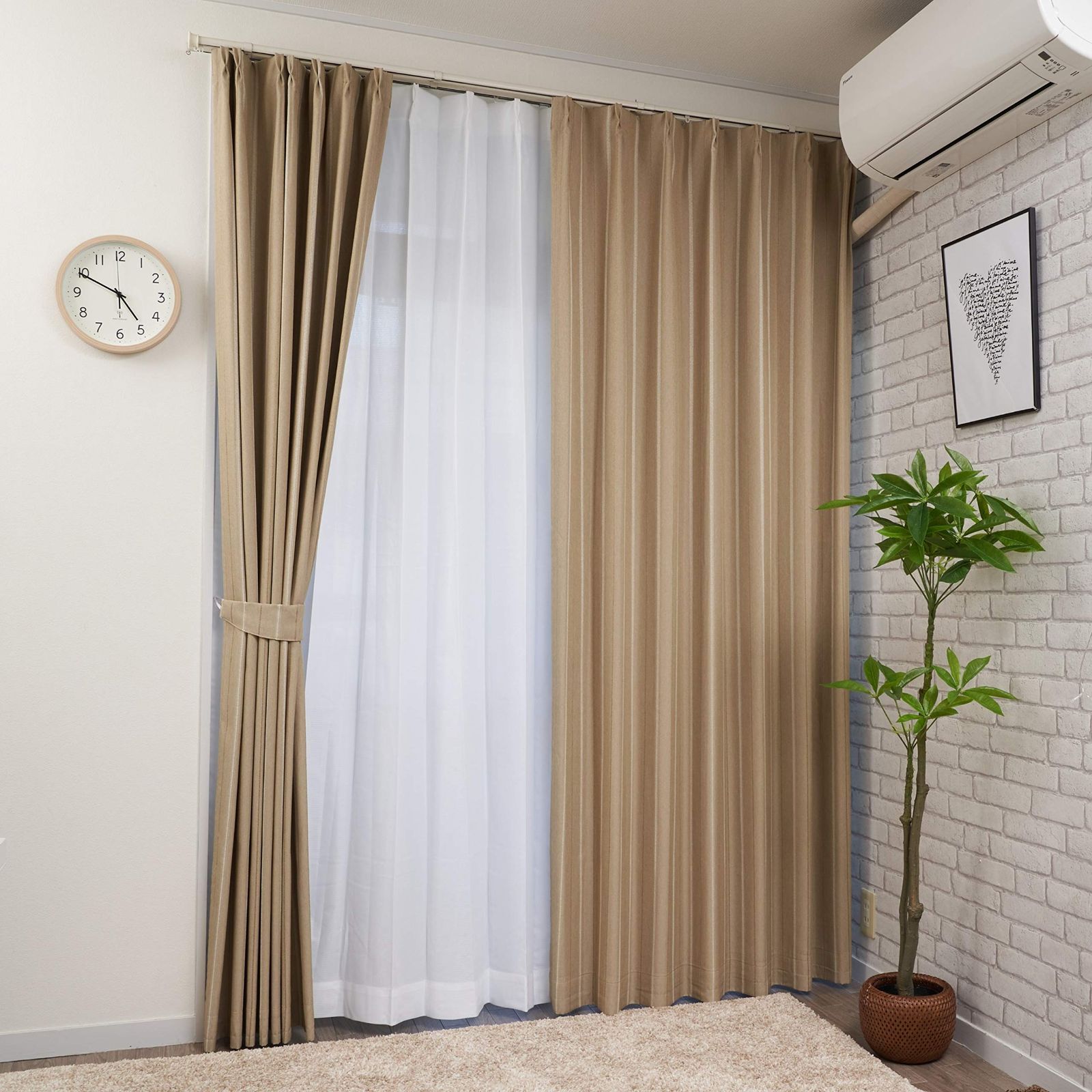 Color:ベージュ_Size:幅100x丈135 2枚組 遮光 裏地付 形状記憶 カーテン 2枚セット【curtain-fabfun】 [幅100x丈135 2枚組 ベージュME615] 6色展開 ストライプ おしゃれ 丸洗いOK 届いてすぐに使えるアジ