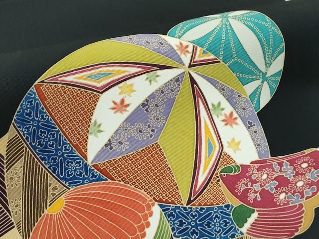 平和屋着物■極上　塩瀬　九寸名古屋帯　作家物　花毬文　黒地　逸品　未使用　CZAA3700s5 平和屋着物□極上 塩瀬 九寸名古屋帯 作家物 花毬文 黒地