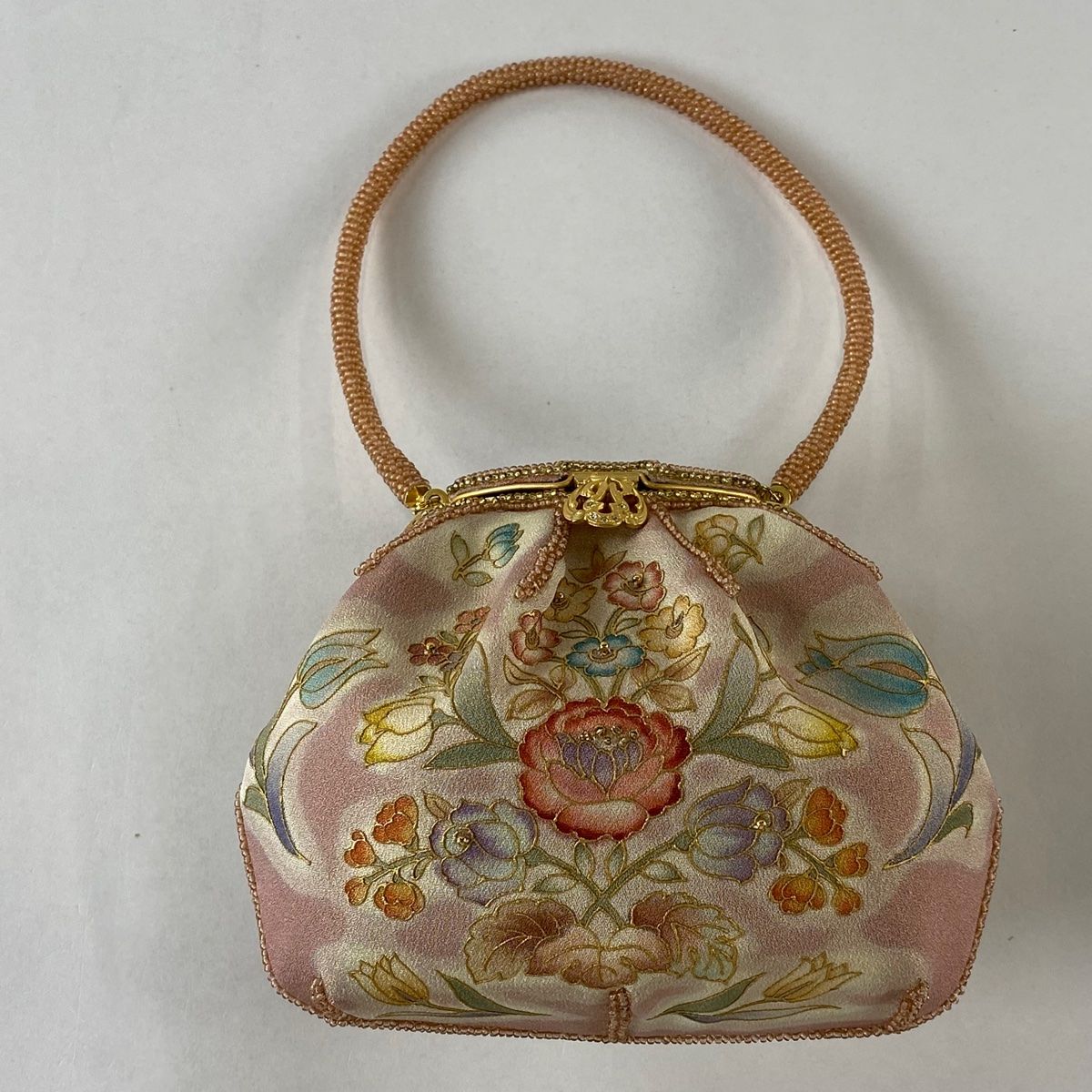 OKAJIMA 和装 バッグ 未使用 和装バッグ 美品 逸品 OKAJIMA 草花 金彩 ビーズ ピンク 正絹