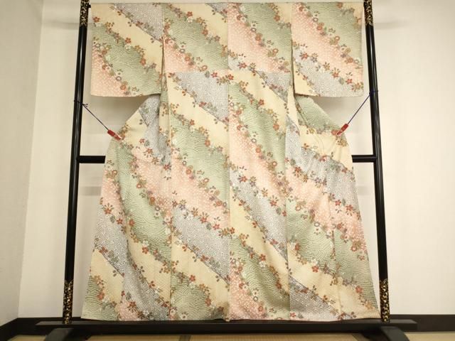 平和屋着物□上質な小紋 斜縞草花文 正絹 逸品 AAAZ9829ja