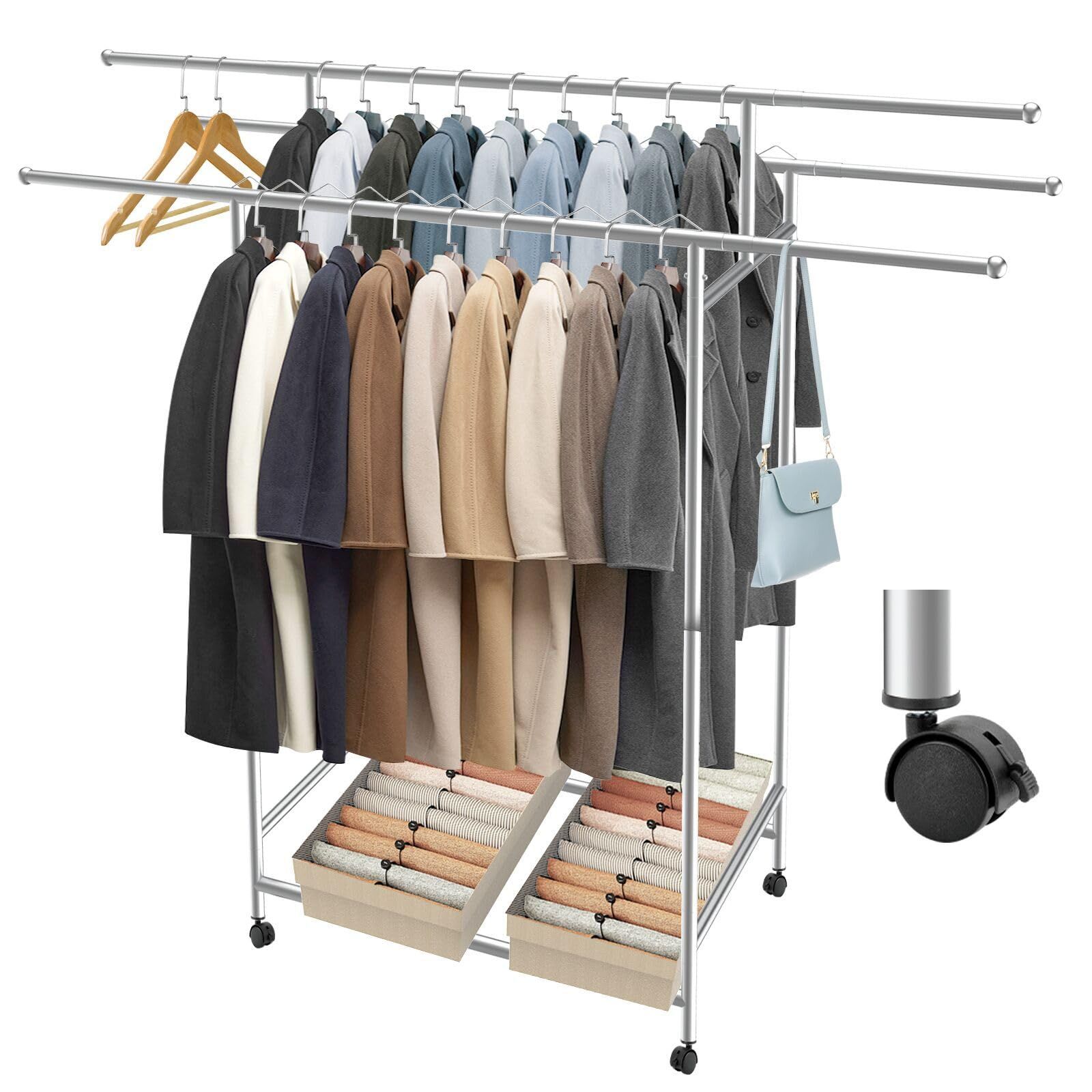 商品 KOMCLUB ハンガーラック 洋服ラック 3列伸縮式 耐荷重250kg 大容量 収納ラック 折り畳み パイプハンガー 360°可動キャスター付き 寝室|洗濯室|玄関用 頑丈 省スペース 組立簡単
