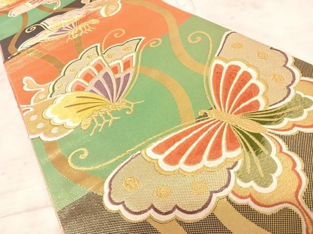ぽんちゃん　正絹立涌柄袋帯 平和屋着物○六通柄袋帯 唐織 立涌草花文 金糸 正絹 逸品