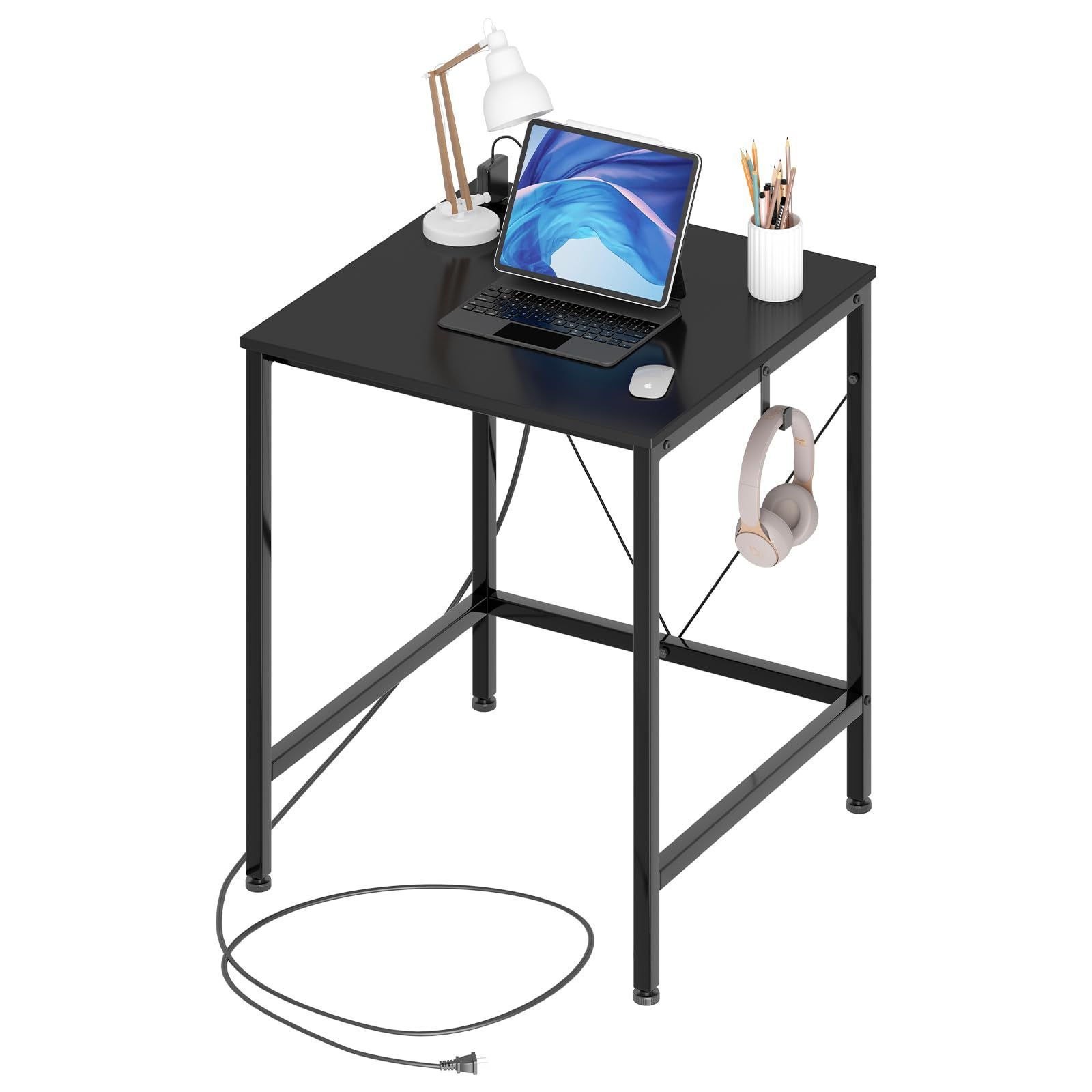 ノートパソコン用 フック付き ゲーミングデスク 在宅勤務 在宅ワーク オフィス おしゃれ コンセント付き 勉強机 組立簡単 シングルデスク PCパソコンデスク 工具不要 テレワーク 幅60奥行60高さ70cm 耐震転倒防止 ブラック 机 ワークデスク 幅60