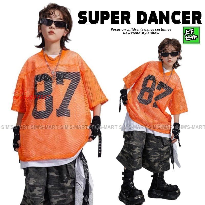 ヒップホップ 衣装 セットアップ 派手 オレンジ カーキ キッズ 韓国 ダンスウェア ハーフパンツ 迷彩 子供ダンス服 K-POP ナンバリングTシャツ ダンス衣装 nee5v894567
