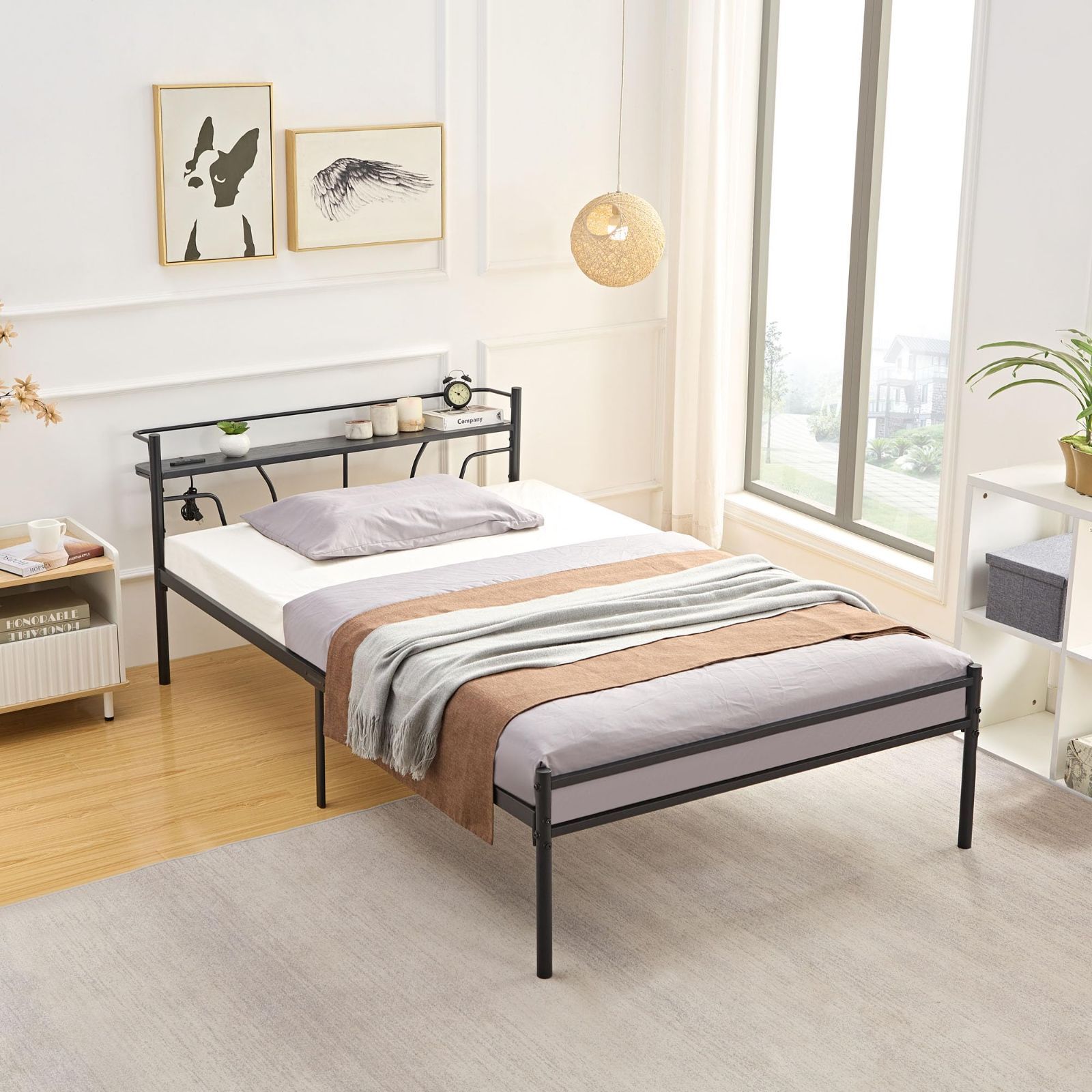 耐荷重300KG 2口コンセント付き 静音 宮棚付き 安定性 セミダブル 通気性 ベッドフレーム スチール製 ベッド 組立簡単 VECELO ブラック