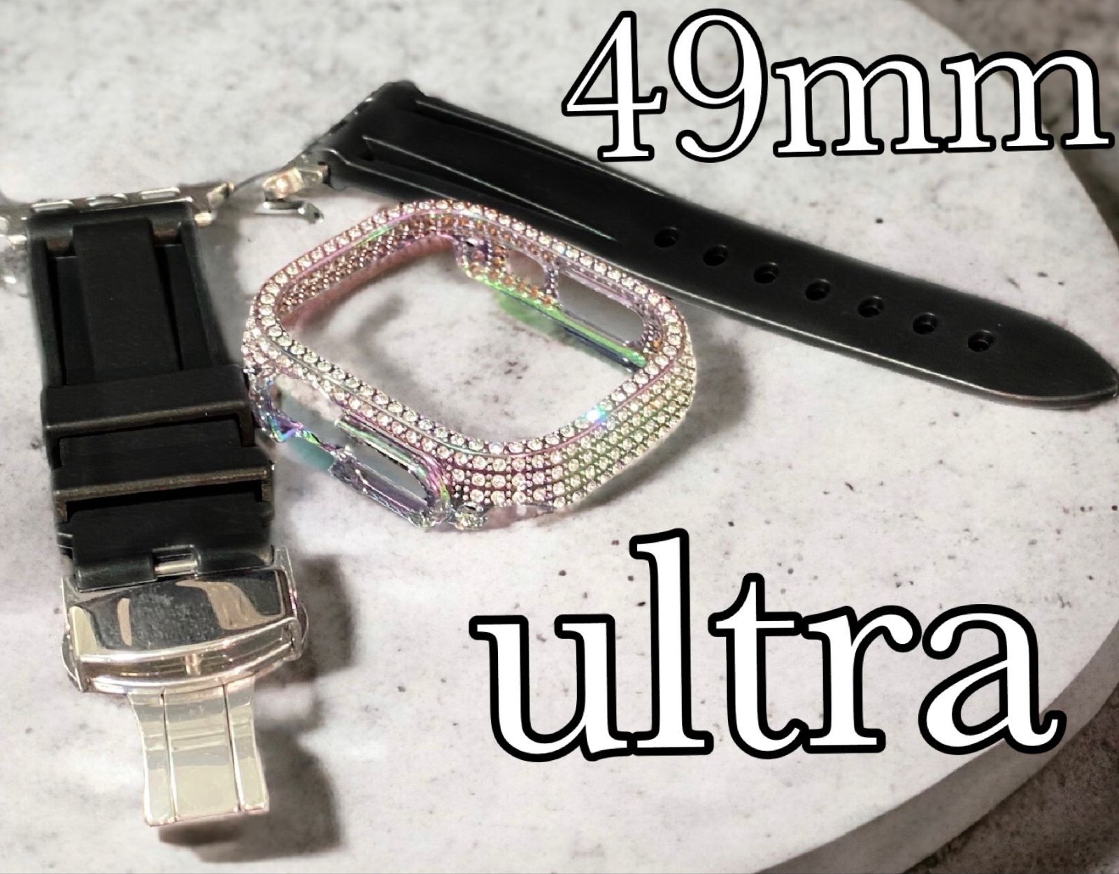 ultra用　49mm アップルウォッチ　ケースカバーApple Watch. Dバックルカスタムラバーベルト ラバーバンド　キラキラカバー　ケース　レインボー