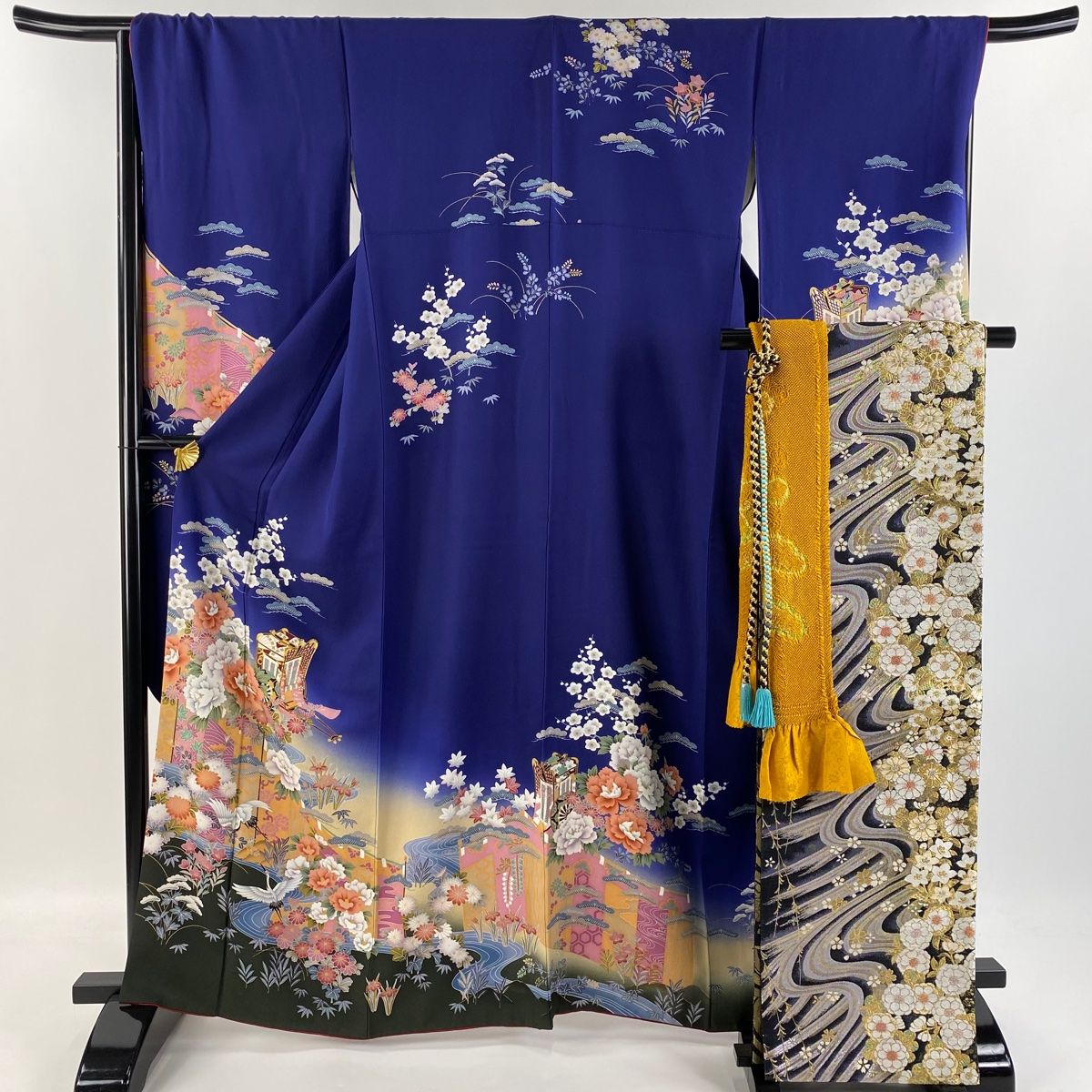 振袖 身丈162.5cm 裄丈67.5cm L 袷 袋帯フルセット 御所車 牡丹