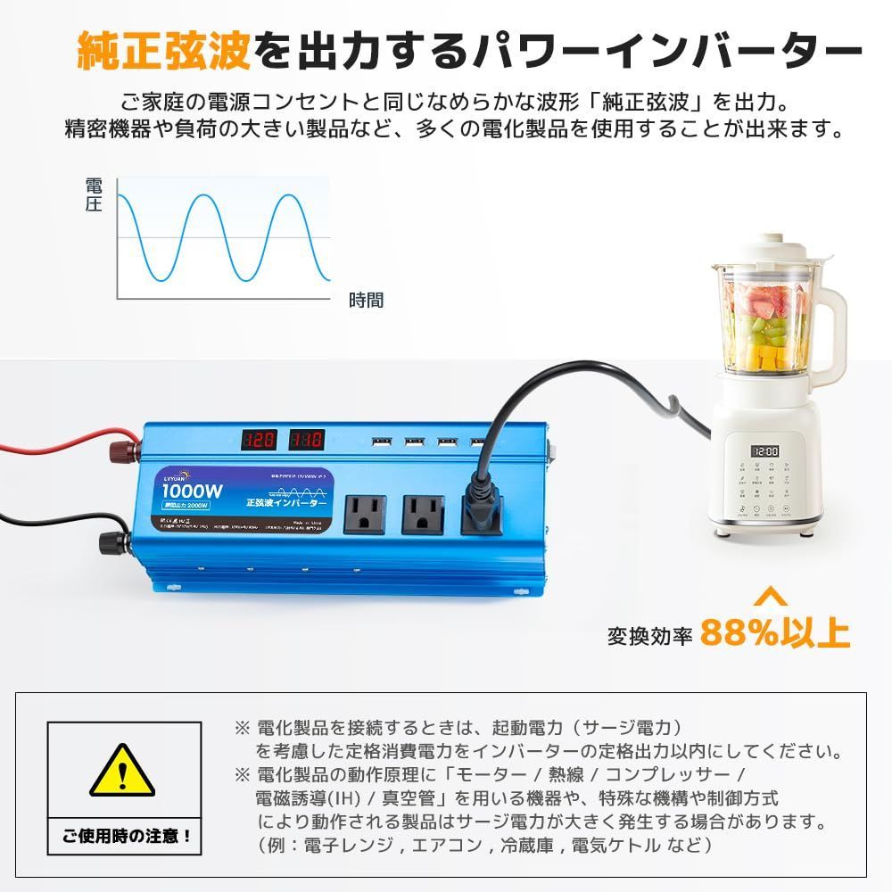 LVYUAN リョクエン インバーター 正弦波 12V 1000W 2000W 瞬間出力 DC 12V 直流 AC100V 交流 変換 AC コンセント×3 USBソケット×4 カーインバーター太陽光発電 災害対策 地震 防災用品 自動車 船 キッチンカ BRIGHTFACE_UK