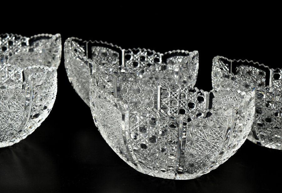 蔵c9186b】クリスタルガラス 舟形 向付 籠目 五客