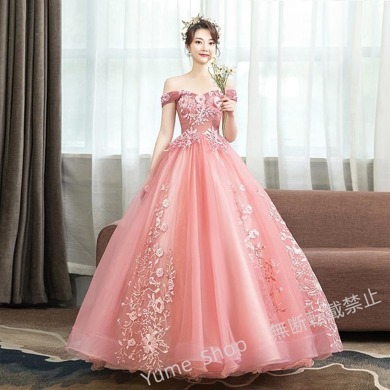 ♥ カラードレス プリンセス ロングドレス オフショルダー 演奏会 発表会 結婚式 イブニングドレス 花嫁 二次会 ウェディングドレス プロムドレス 大きいサイズ nhdw20
