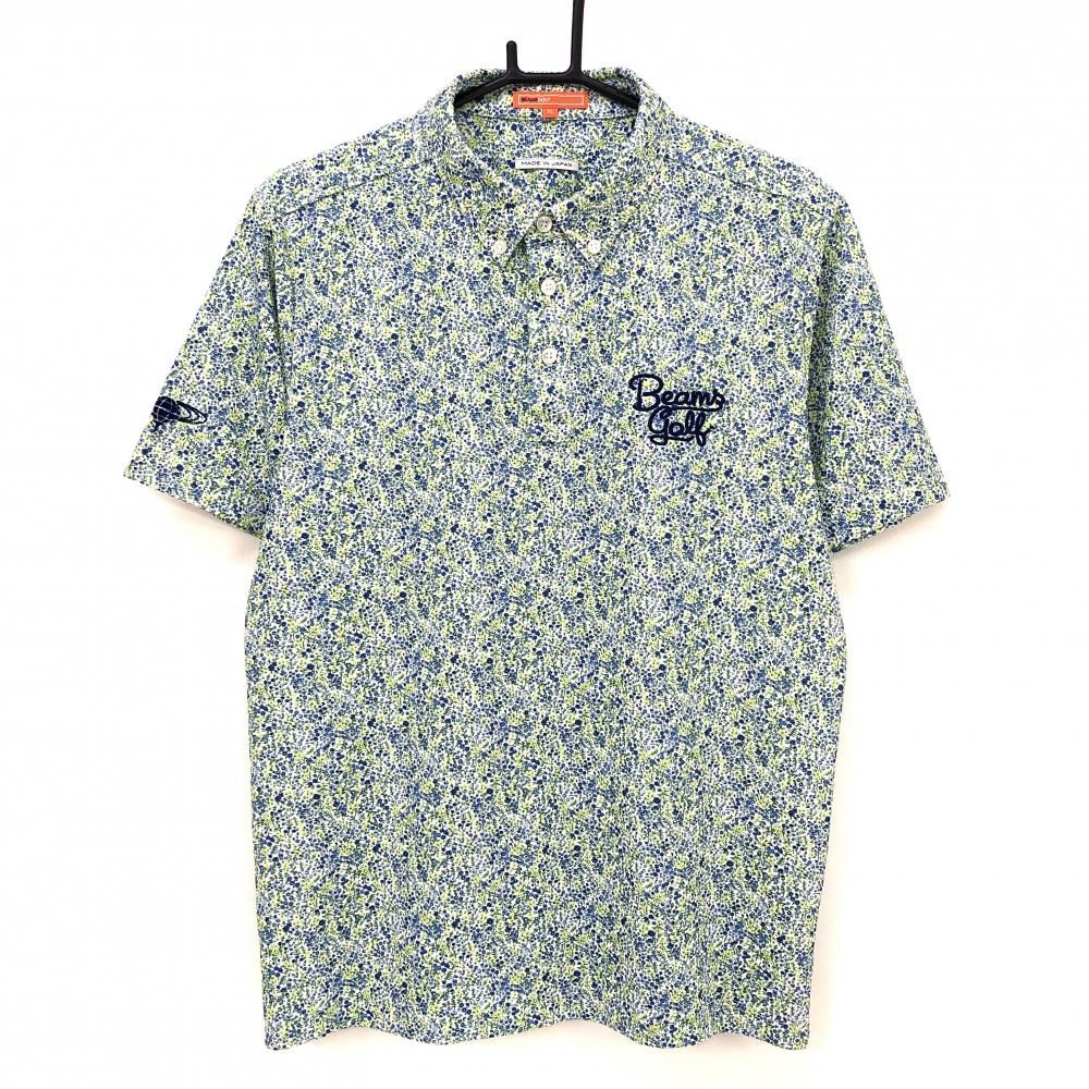 【超美品】ビームスゴルフ 半袖ポロシャツ ネイビー×ライトグリーン 花柄 ボタンダウン メンズ XL ゴルフウェア BEAMS GOLF
