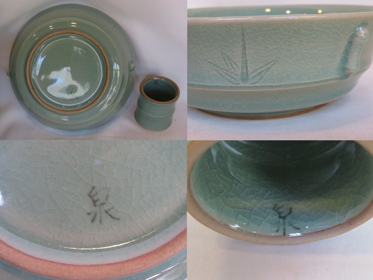 七月◇特売品）韓国如泉窯 李連休作 高麗青磁 竹紋 皆具 一揃