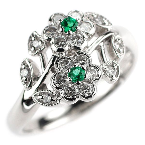 Pt900 エメラルド ダイヤモンド リング 0.06ct D0.45ct フラワー