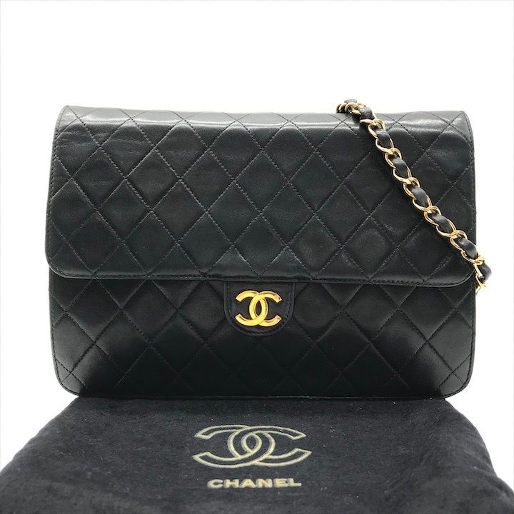 CHANEL シャネル ココマーク マトラッセ ラムスキン プッシュロック チェーン ショルダー バッグ ブラック レディース a8563