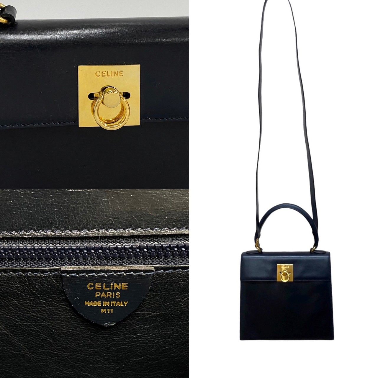 極美品 袋付 CELINE セリーヌ ヴィンテージ ロゴ リング 金具 カーフ 