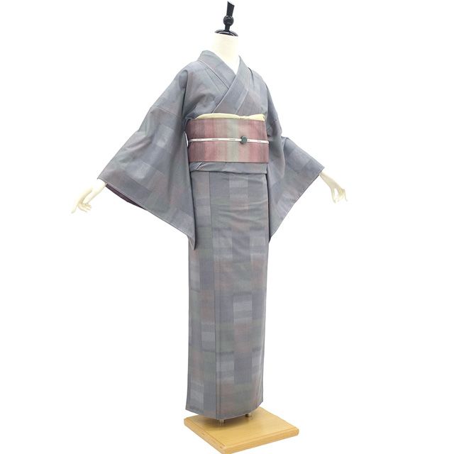 専用✺新品 正絹 手縫い仕立て 居敷当て付き 変わり市松 紗紬 A-194 新古品】 紬 着物 未使用 正絹 袷 グレー 薄緑 淡赤茶 変わり