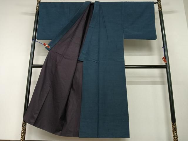 平和屋着物○男性 紬 アンサンブル 羽織2点セット 色無地 濃藍色×煤竹