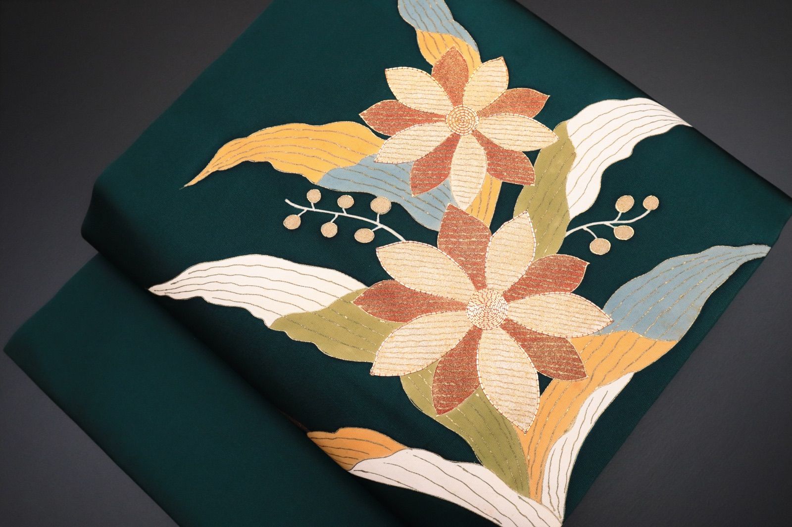 しゃれ袋帯 深緑地に抽象模様 逸品