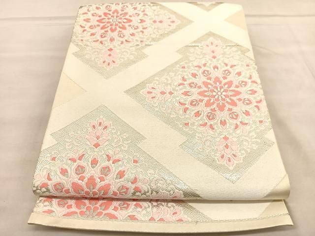 袋帯　シルバー地　熨斗に花蝶模様　逸品 平和屋着物◎六通柄袋帯 束ね熨斗花蝶文 黒地 金銀糸