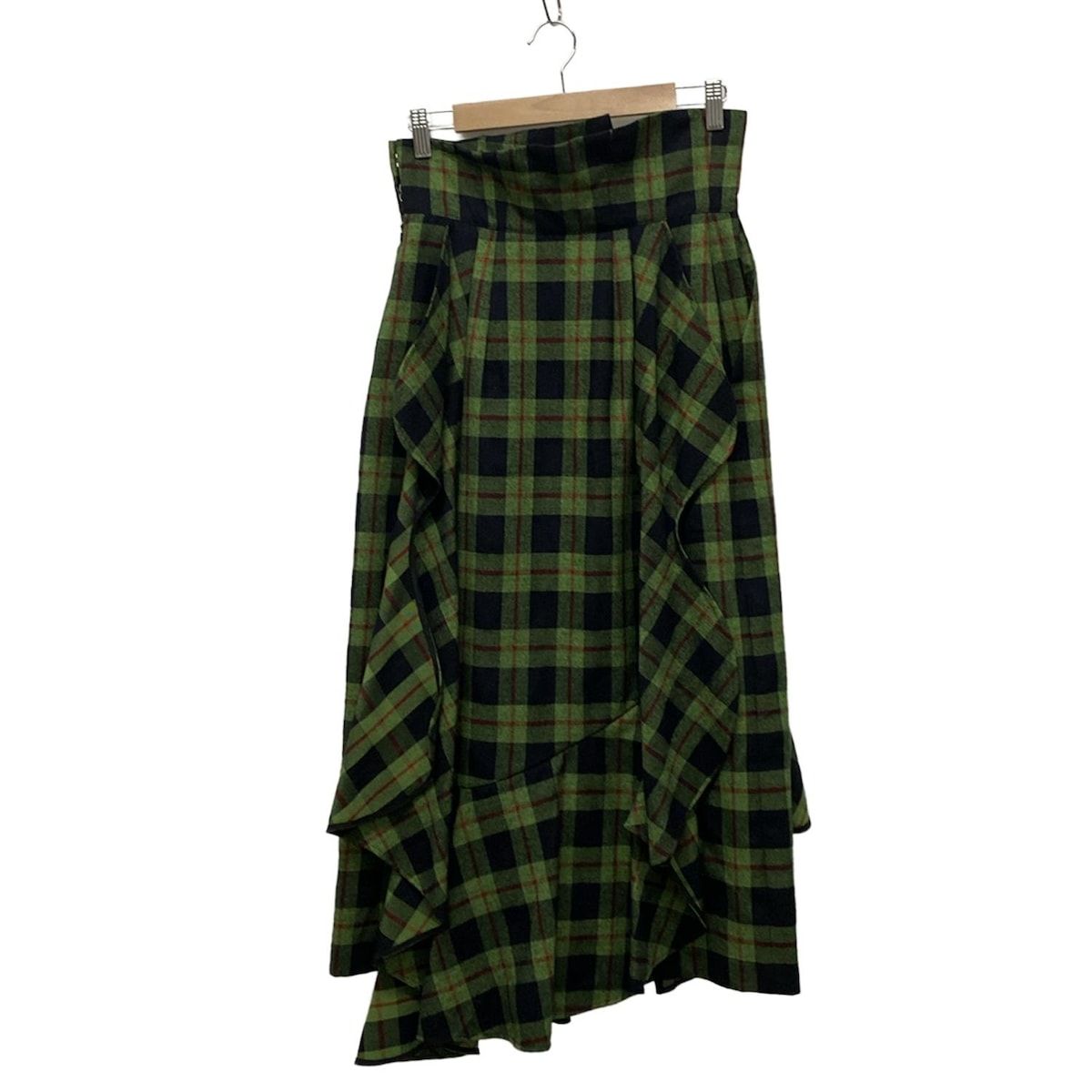 ENFOLD エンフォルド ロングスカート サイズ38 M レディース - 300BA331-2870 グリーン×黒×レッド チェック柄 フリル 変形デザイン