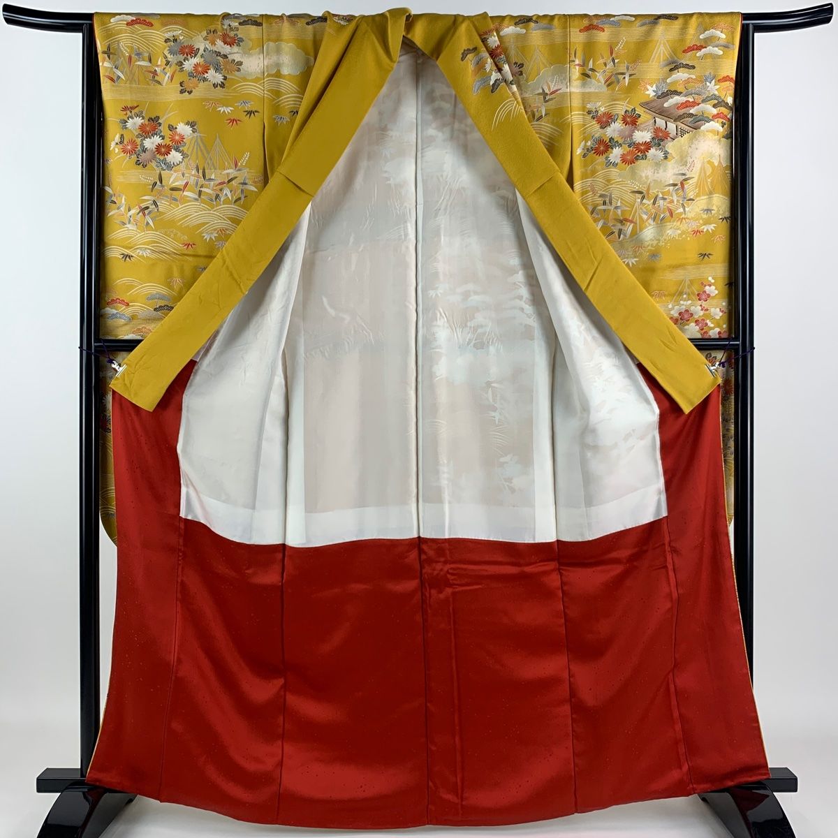 在庫一掃】 振袖 身丈164cm 裄丈65.5cm M 袷 家屋 松竹梅 金糸 金彩  
