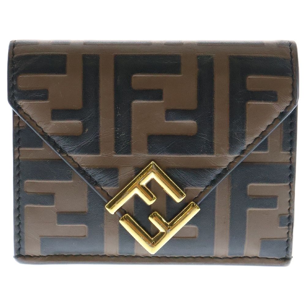 FENDI フェンディ FFダイヤモンド 三つ折り財布 コンパクトウォレット ゴールド金具 ブラウン ズッカ柄 レザー 8M0480