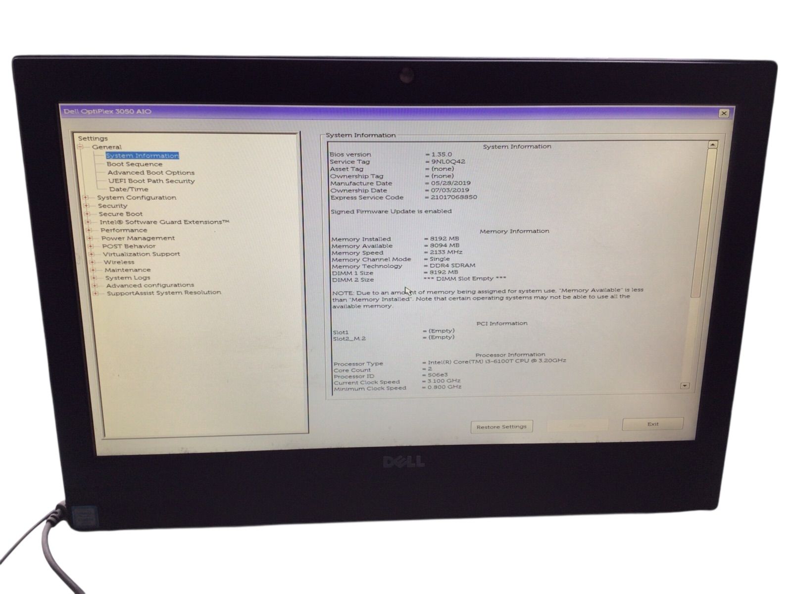 DELL OptiPlex 3050 AIO CPU CORE i3-6100T メモリ8192MB ストレージ無し 番号E22