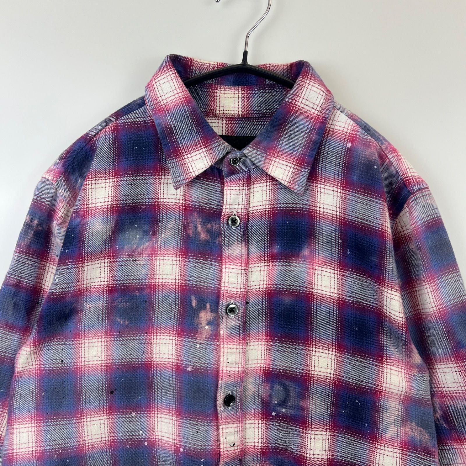 FUGA y2k grunge ombre check L/S shirts 44 フーガ ペイント加工 