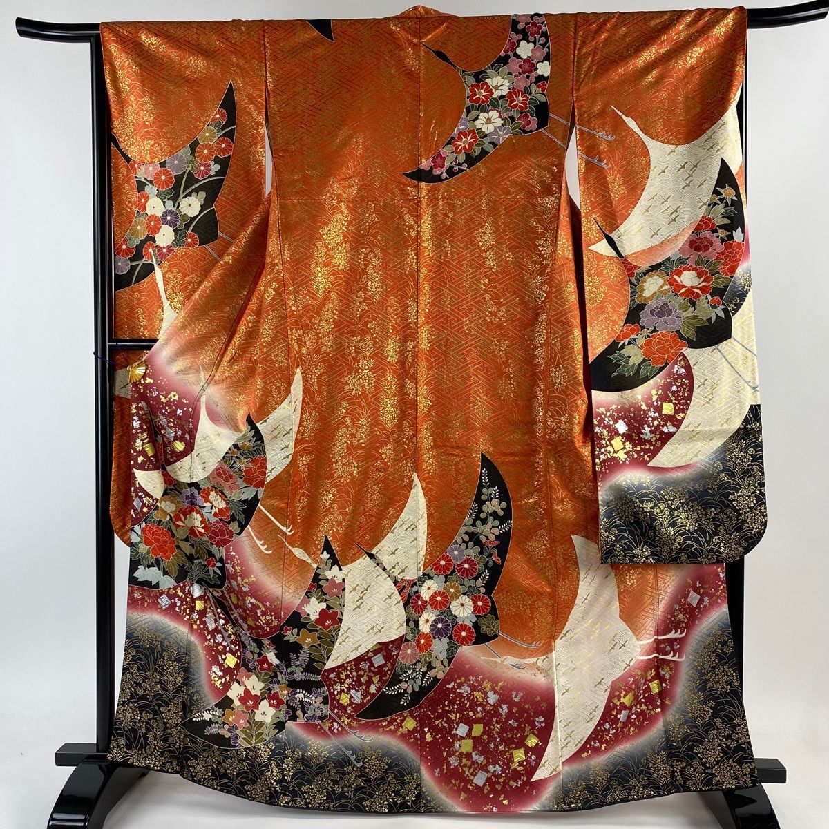 振袖 身丈165cm 裄丈66cm M 袷 鶴 牡丹 金糸 金銀彩 オレンジ 正絹 名品 【 