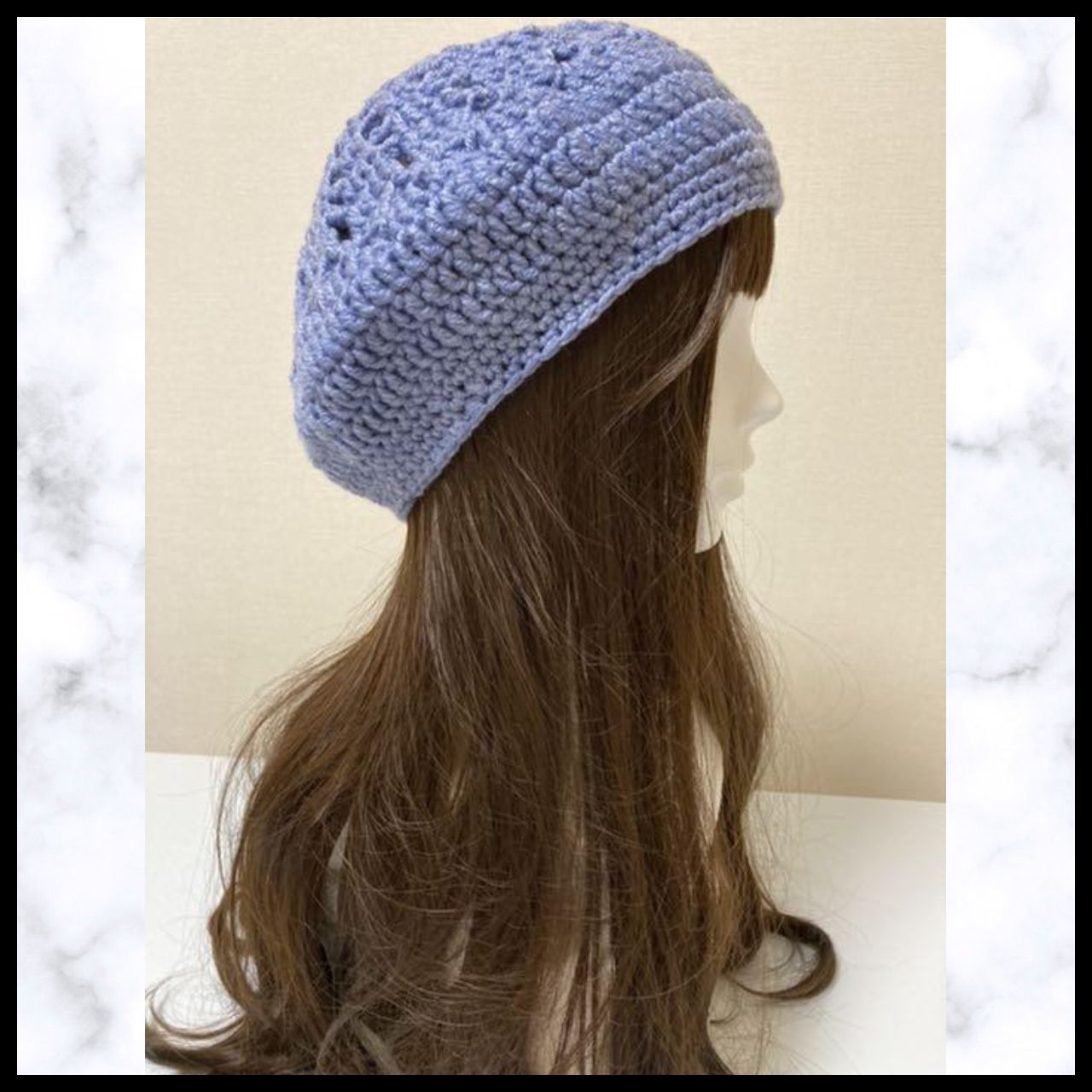 11 ニット帽 ブルー 手編み ベレー帽 お花の模様 1年中着用できる 通気